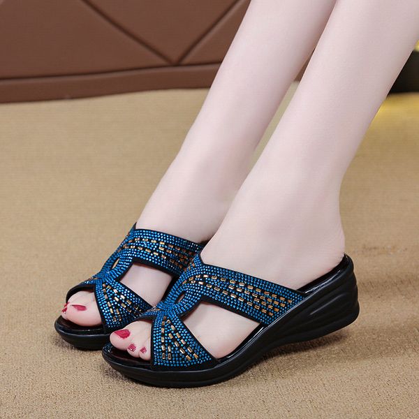 

summer casual slope with women's sandals and slippers thick-soled mother sandals with rhinestone breathable women's slippers x1020, Black