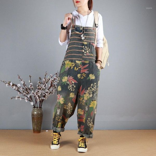 

women jumpsuits autumn retro large size loose rompers 2020 new print hole pocket casual ladies denim jumpsuits1, Black;white