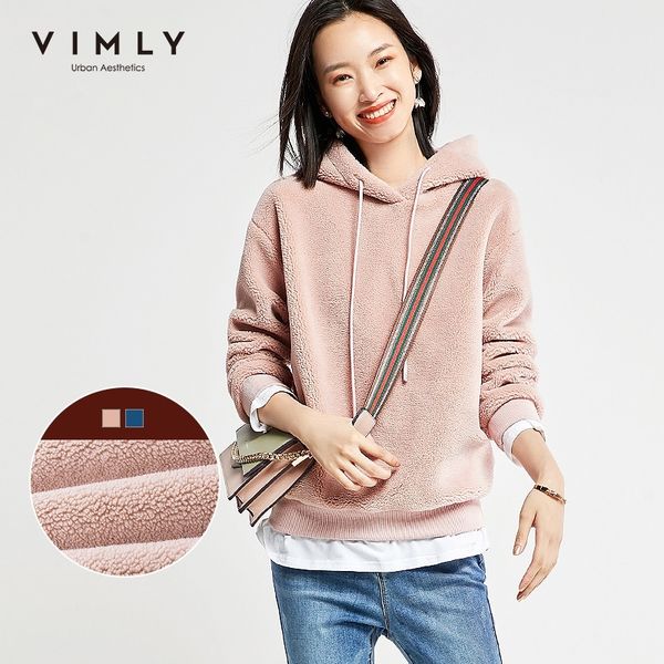 

vimly autumn winter women hooded sweatshirt casual solid thick long sleeve lace-up vintage female pullover hoodies f5190 201204, Black