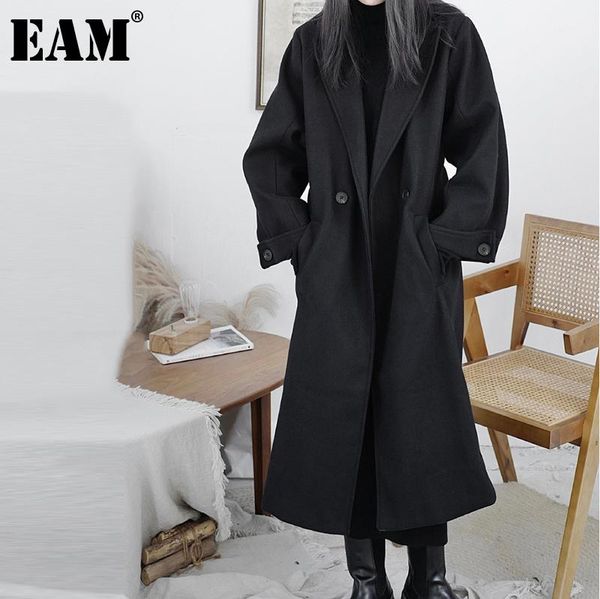 

eam] loose fit black big size long belt woolen coat parkas new lapel long sleeve women fashion tide autumn winter 2021 1dd2390