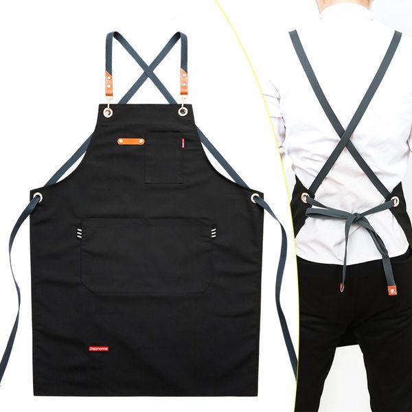 2020 Moda Unisex Grembiule da lavoro per uomo Tela Grembiule nero Bavaglino Grembiuli da cucina da cucina regolabili per donna con tasche portautensili LJ200815