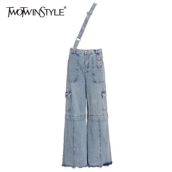 

twotwinstyle casual wide leg overalls for female high waist irregular loose streetwear denim pants female fashion new stylish, Blue