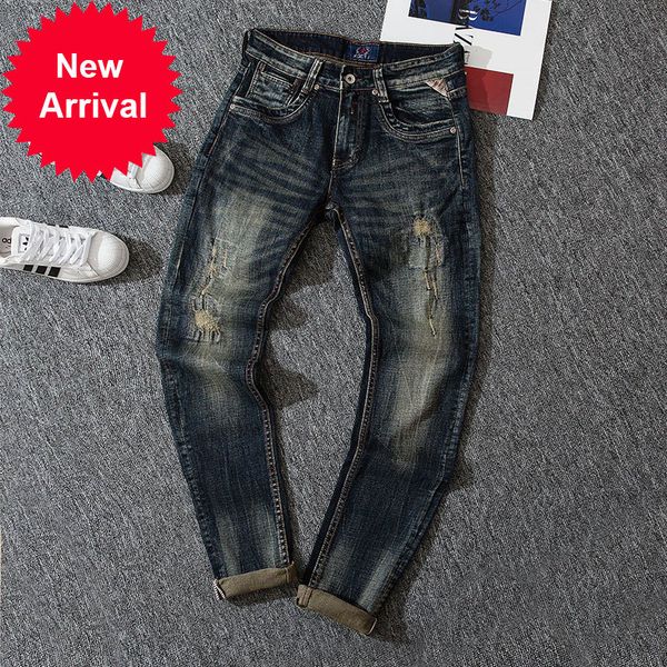

2021 new new fashion high-quality nostalgia thin-fit washing denim torn men branded streetwear biker jeans u81t, Blue