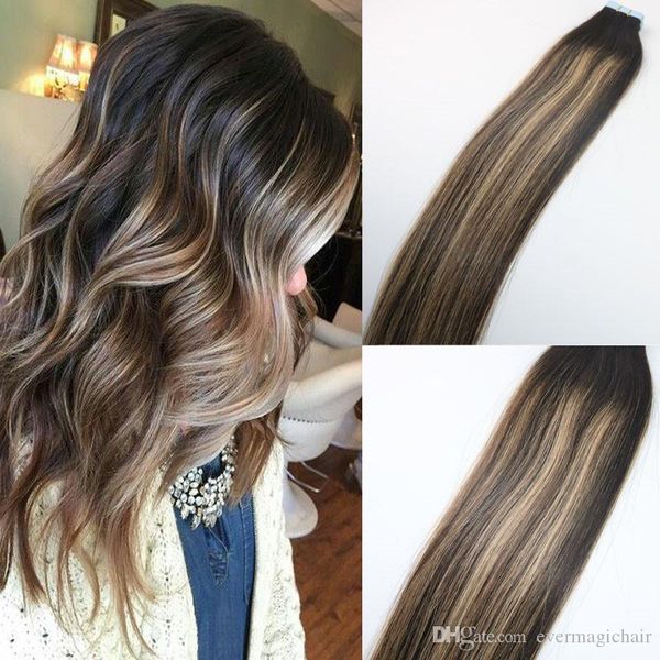 

100gram colored #2#3#27 blonde highlight ombre hair balayage skin weft seamless brazilian virgin hair extensions tape in hair extensions, Black