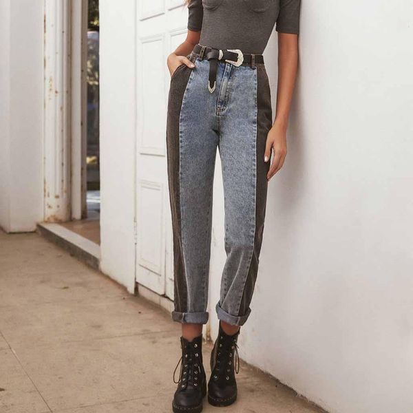 

jeans for women slim fit stitching denim zipper jeans trousers loose pants 2020 woman jeans high waist, Blue