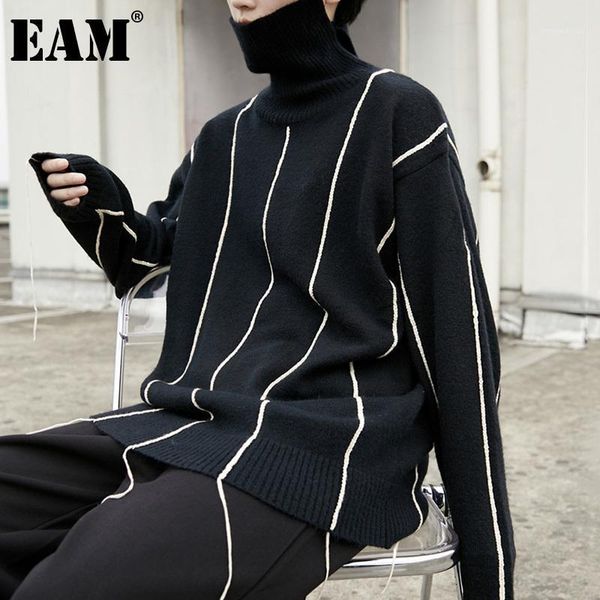 

eam] bright line big size knitting turtleneck sweater loose fit long sleeve women new fashion tide autumn winter 2021 1dd13751, White;black