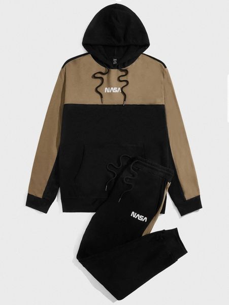 

men two tone letter graphic drawstring hoodie & sweatpants d26p#, Gray