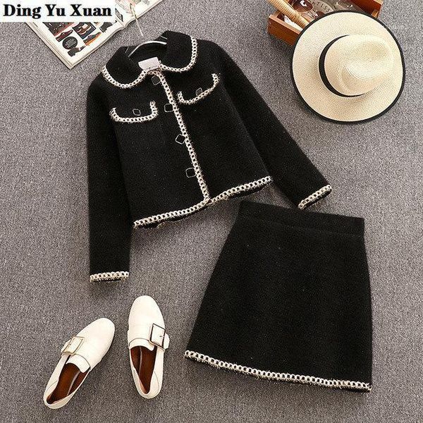 

autumn winter skirt suit for women 2 piece sets jacket and skirt black white two pieces set small size office clothes1