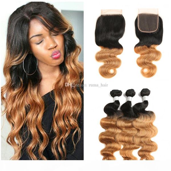 

two tone human hair weaves with lace closure dark root brazilian virgin hair weaves with lace closure 4pcs lot ombre hair extensions, Black;brown