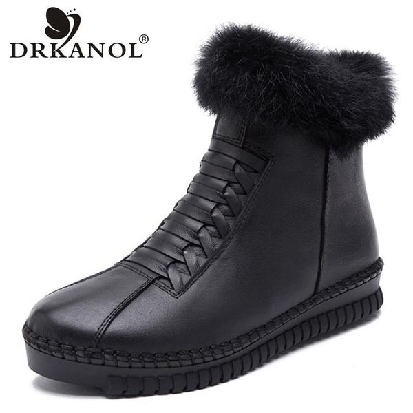 

drkanol handmade genuine leather women boots fur flat ankle boots women snow winter warm casual shoes botas mujer, Black