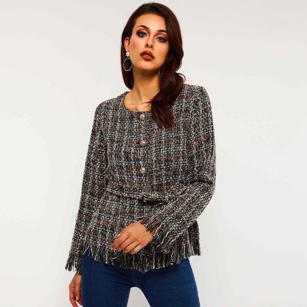 

vintage plaid tweed jackets women tassel sash slim fashion brand elegant ladies autumn winter street casual outerwear coats1, Black;brown