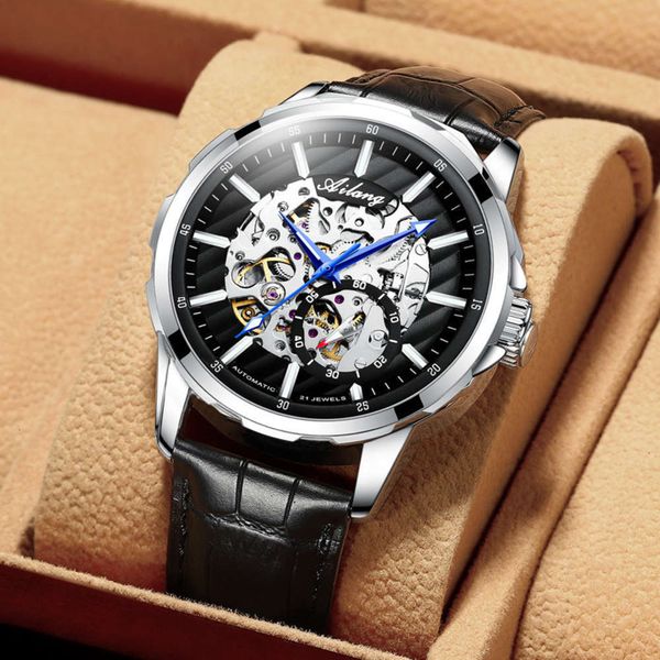 

mechanical lang ai new swiss watch automatic men's belt waterproof hollow out mechanical men's watch, Slivery;brown