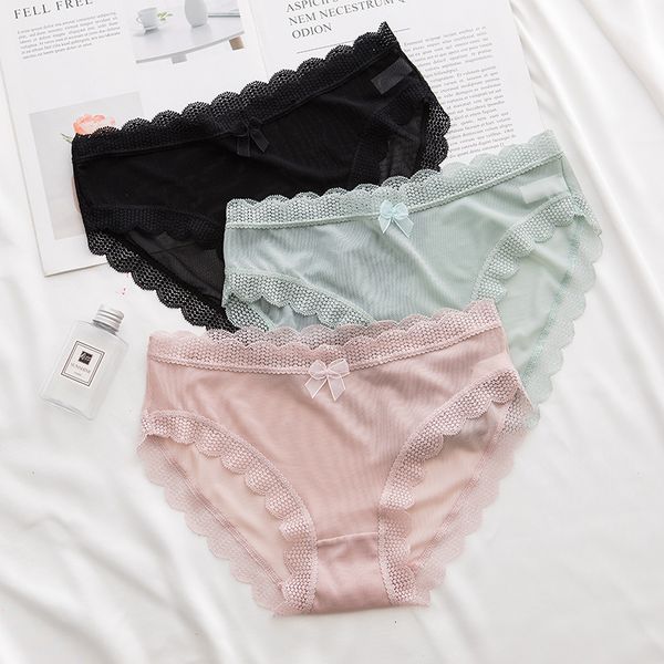 

lace ladies mesh ultra-thin bow-shaped panties women's fashion low-rise female breathable girls underwear, Black;pink