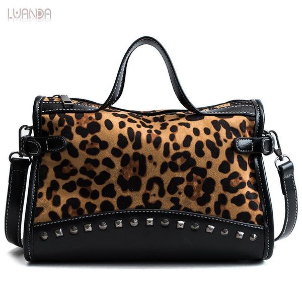 

casual tote bags women leather handbag fashion rivet shoulder messenger bag female classic leopard print ladies