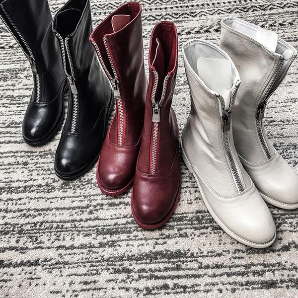 

boots female retro genuine leather round toe thick bottom middle tube front zipper red thin boots tide 2020 autumn new1, Black