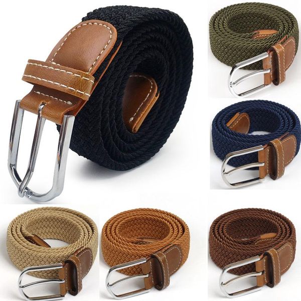 

belts men elastic stretch waist belt black canvas braided woven leather wide metal for, Black;brown