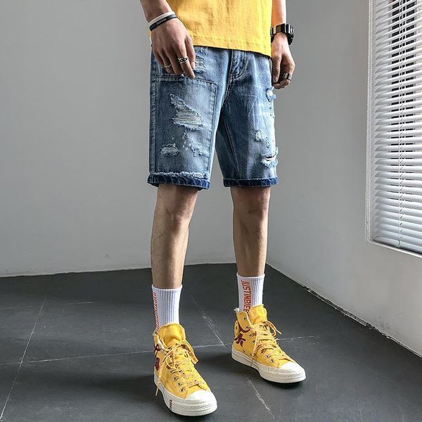

summer new jeans men fashion solid color torn hole denim shorts man streetwear hip hop loose short jeans male clothes1, Blue