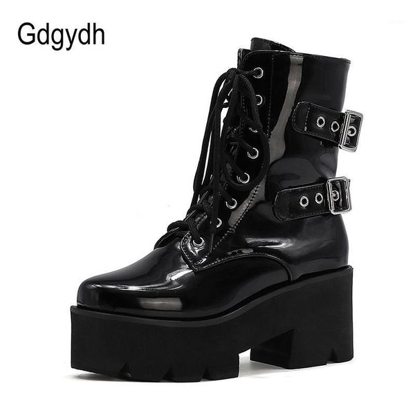 

boots gdgydh buckle patent leather ankle for women platform block heel gothic punk comfortable fast 1, Black