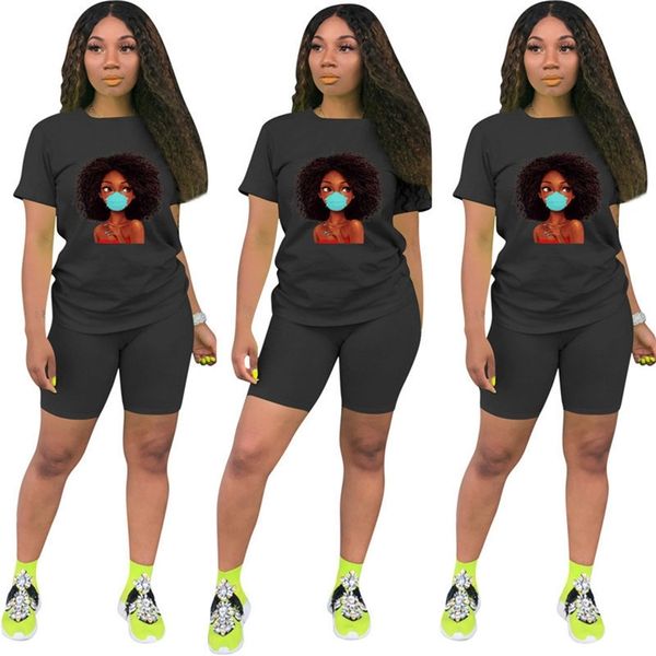 

plus size black afro girl women tracksuit designers sport suit fashion print t shirts shorts two piece outfit summer cartoon clothes h12201, White