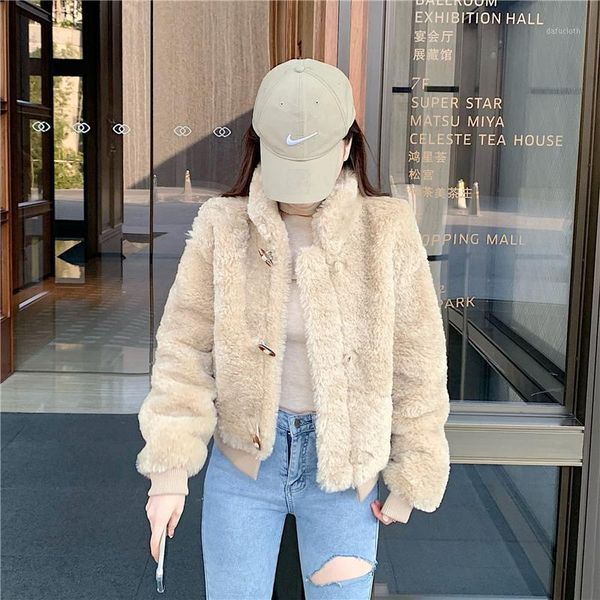 

faux fur coat winter jacket women 2020 new solid horn button faux lamb fur jacket warm thick fashion loose plush ladies coats1, Black