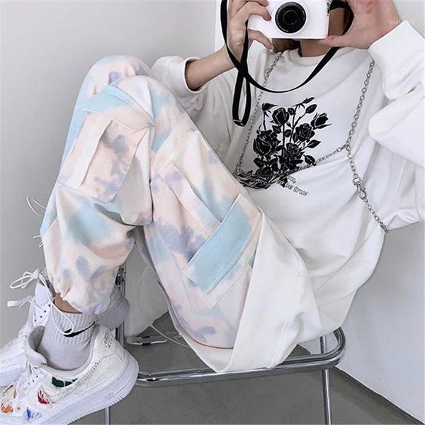 

cool tie dyed pants streetwear women autumn punk joggers trousers hip hop cargo rock pants summer cargo casual girl1, Black;white