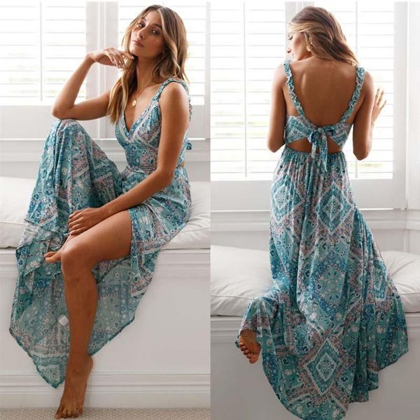 

boho dress high slit v neck sling backless summer long dress floral print beach dress back bow design women long, Black;gray