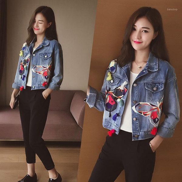 

nice women ripped short denim jacket ladies tassel patches butterfly embroidery jean coat h81, Black;brown