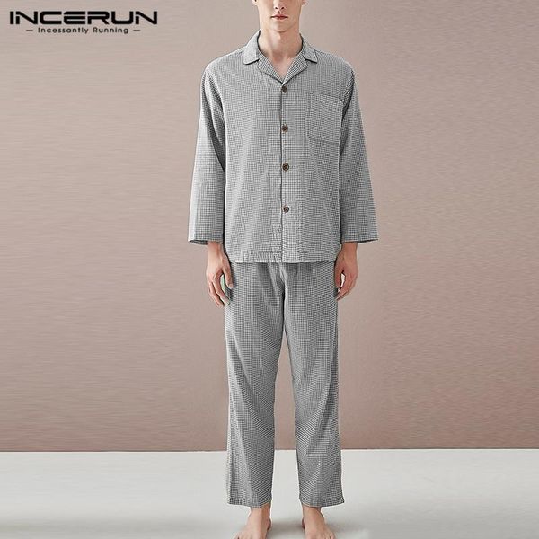 

incerun men pajamas sets plaid lapel long sleeve nightwear long pants homewear leisure cozy men's sleepwear suit 2 pieces s-5xl, Black;brown
