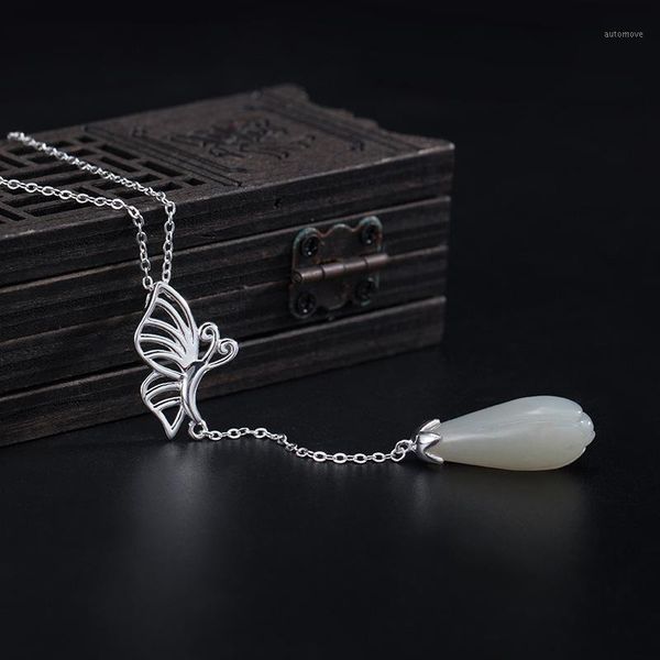 

s925 silver butterfly necklace female retro noble temperament hetian jade orchid pendant set chain bone chain wholesale1