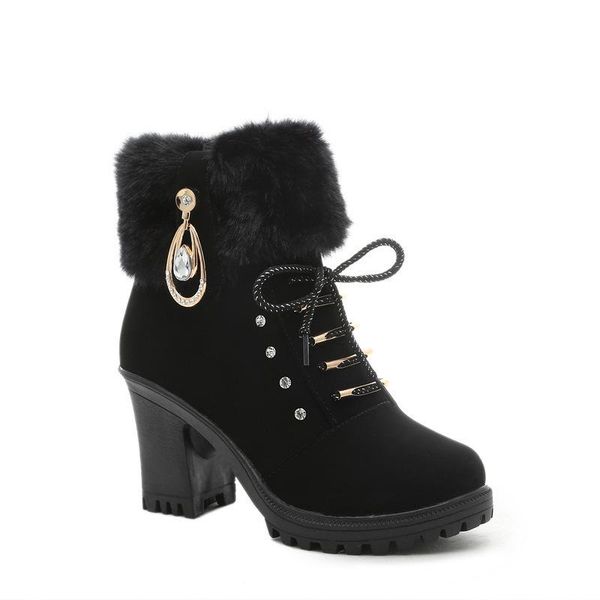 

high heel winter shoes women winter boots fashion women's high heel boots plush warm fur shoes ladies brand ankle botas crystal, Black