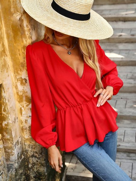 

surplice neck lantern sleeve peplum blouse f1sa#, White