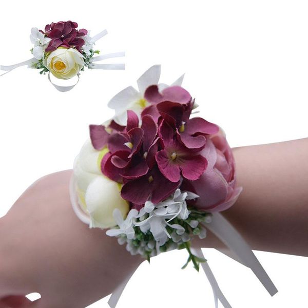 

wedding bride girl bridesmaid floral hand wrist corsage adjustable ribbon rose bracelets ceremony party prom flower decor 7c2002