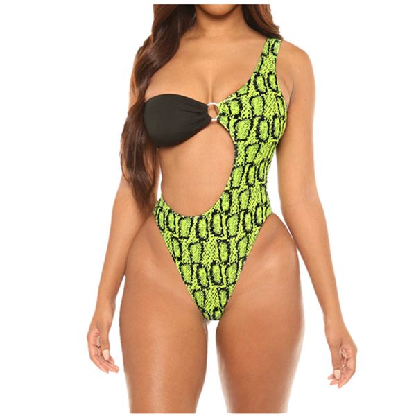 

swimwear women's 2021 women fashion snake print color block one-shoulder one-piece swimsuit #s, White;black