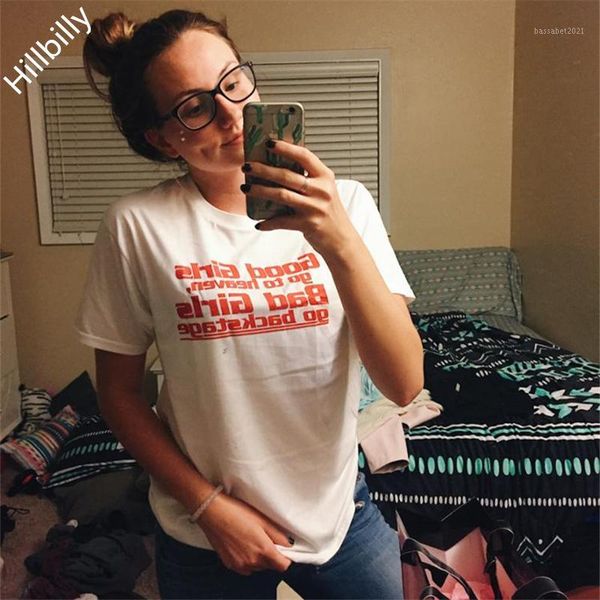 

women's t-shirt hillbilly 2021 women's fashion t-shirts red letters good girls go to heaven bad backstage short sleeve o-neck tees, White