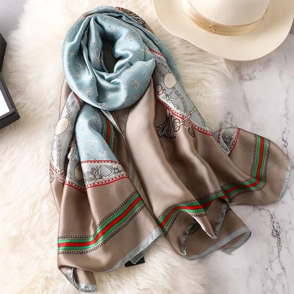 

yulaili new spring soft silk scarf women smooth shawl ladies tropical print scarves beach dress accessories wholesales, Blue;gray