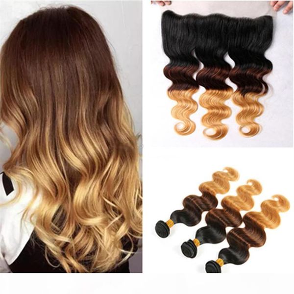 

honey blonde dark root ombre lace frontal with hair bundles 1b 4 27 three tone body wave hair bundles with lace frontal closure, Black;brown