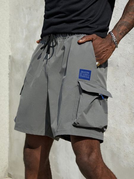 

men slogan patched detail flap pocket drawstring waist shorts 86sb#, Black
