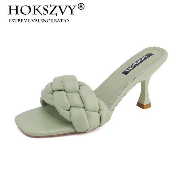 

hokszvy 2020 summer square head woven casual wear slippers straight open toe high heel sandals women's shoes lxl-025jbf8, Black