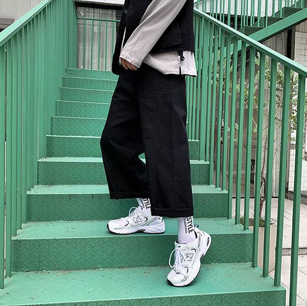 

autumn ins men's trend drop sense korean versatile loose and handsome straight casual pants, Black