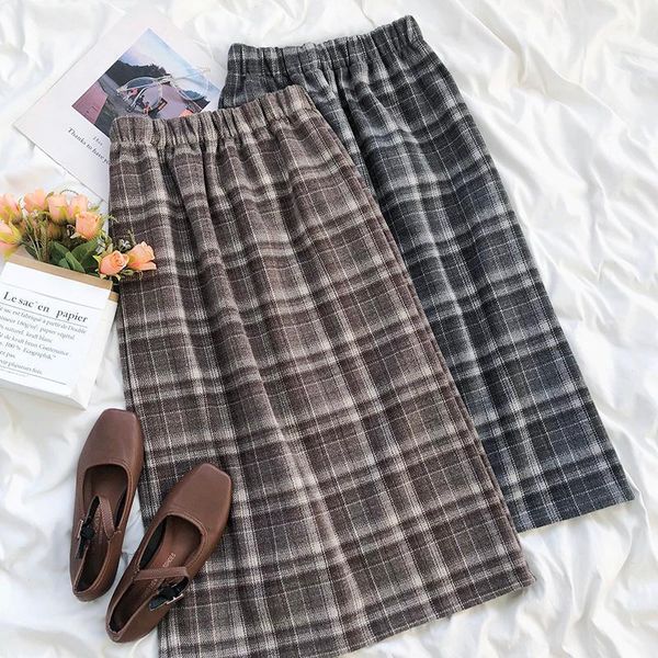 

thicken vintage plaid long skirt women elastic high waist streetwear harajuku bottom split korean style female loose skirts1, Black