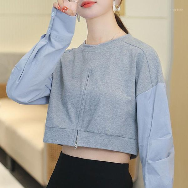 

korean 2021 spring fashion patchwork short t-shirt women crop long sleeves casual slim zipper for women t shirts1, White