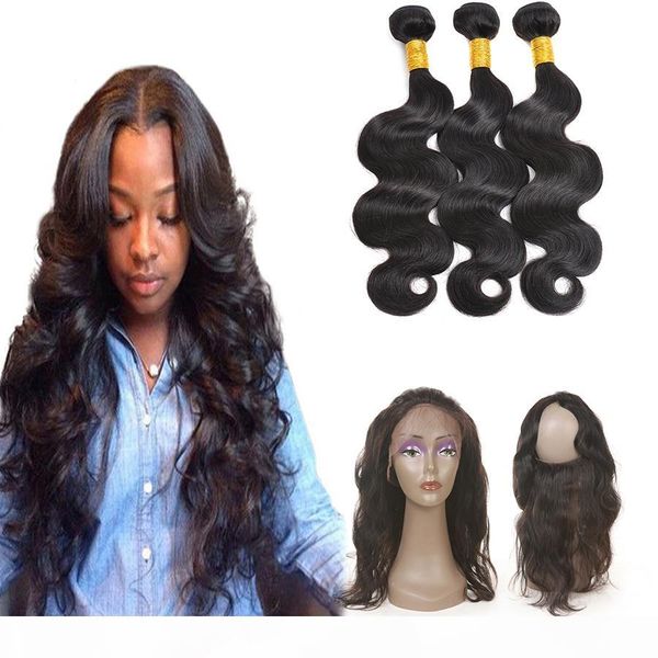 

360 full lace frontal closure with 3 bundles brazilian virgin hair weaves straight 9a peruvian indian malaysian remy human hair, Black;brown