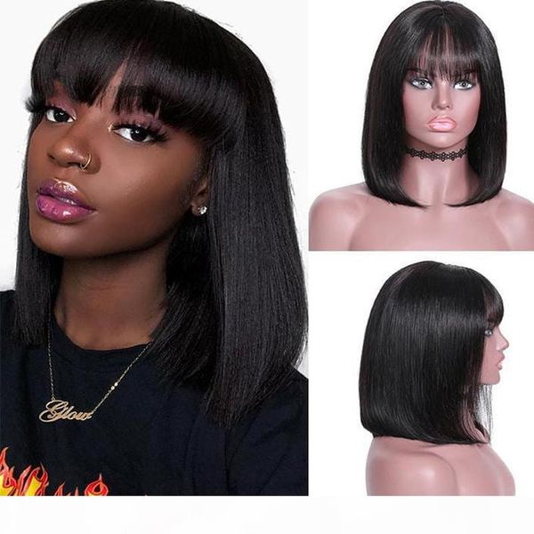 

short human hair wigs bob hair wig with bangs brazilian straight hair wig for black women bang wigs, Black;brown