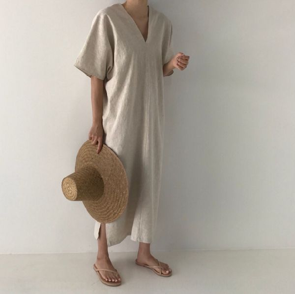 

korean ins minimalist loose lazy style v-neck short sleeve for women korean ins dress minimalist long loose lazy style v-neck long short sle, Black;gray