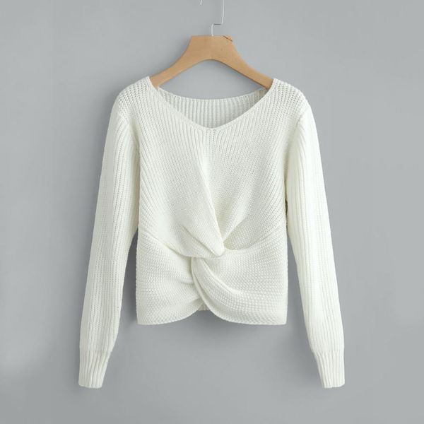 

new fashion casual women sweaters long sleeve solid color v neck cross knotted panel sweater ladies female pullovers sa65, White;black