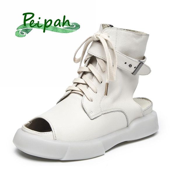 

peipah designer genuine leather women mid-calf boots 2020 new summer open toe fish mouth roman shoes solid femme martin boots, Black