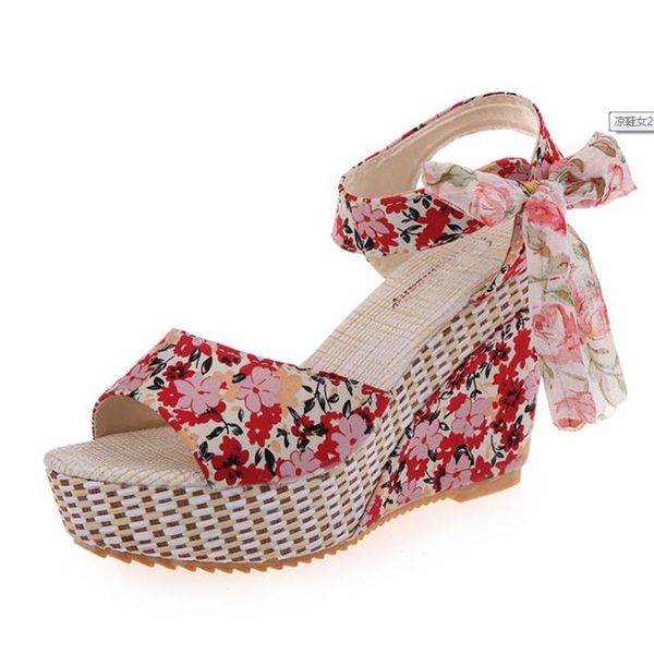 

sandals women's 2020 summer new thick bottom slope heel waterproof platform super high heel 11cm high floral lace up cool shoes, Black