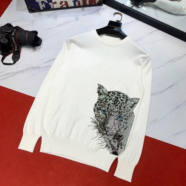 

men's sweaters luxury leopard hd rhinestone shiny sweater sweatshirt cashmere personality handsome fashion pullover, White;black
