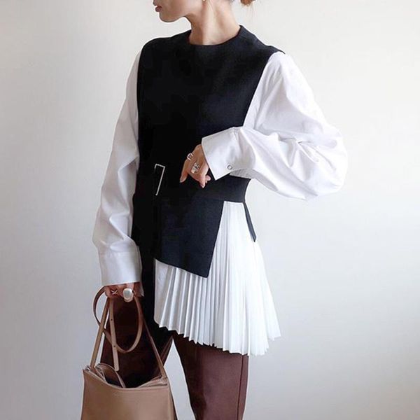 

patchwork women blouse 2019 chic korean style fashion fake two piece pleated shirts casual black white elegant office lady 1
