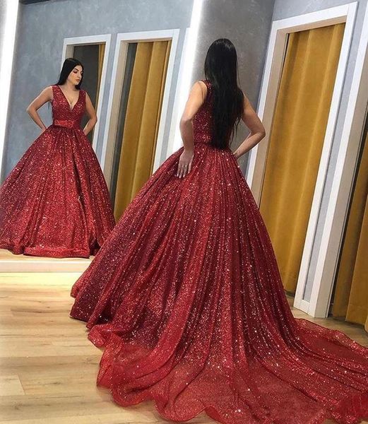 

red prom dresses bling sequined ball gown quinceanera pageant dresses evening gowns deep v neck court train sweet 16 dresses, Black;red